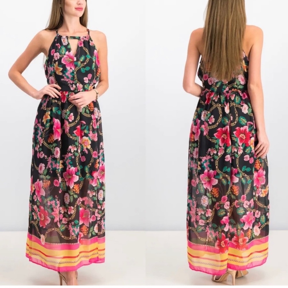 {Nicole Miller} Floral & Chain Maxi Dress Sleeveless in Black - Women's 6 - Picture 2 of 11
